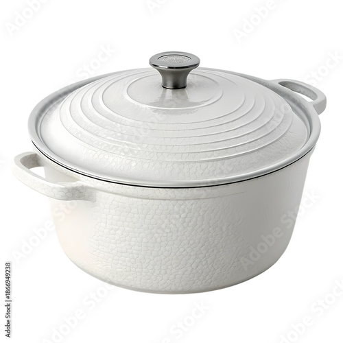 Hammered Texture White Ceramic Cooking Pot with Lid and Handles Isolated on White