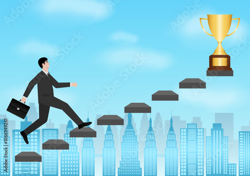 Businessman running upstairs to get Trophy. Goal Achievement and Business Success Concept. Vector Illustration.