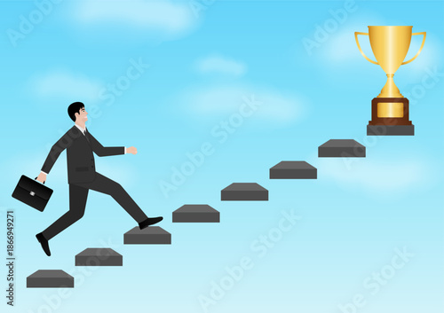 Businessman running upstairs to get Trophy. Goal Achievement and Business Success Concept. Vector Illustration.
