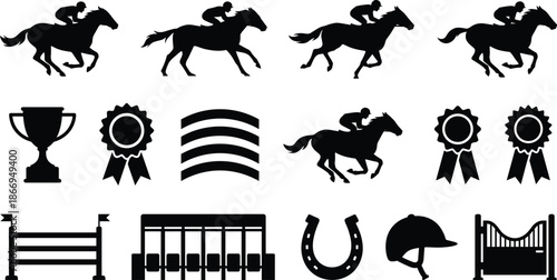 Horse racing icon set, jockey silhouettes, trophy, ribbon, helmet, horseshoe, fences, starting gate, black vector equestrian graphics