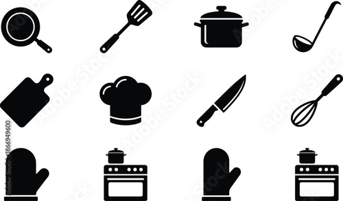 Kitchen tool and appliance icon set, cooking utensils, chef gear, oven, pot, mitt, black vector graphics, culinary symbols
