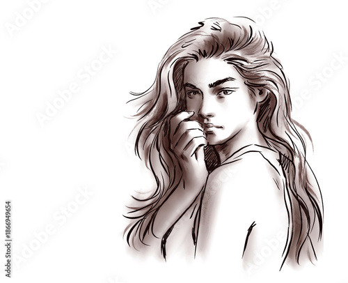 a long hair woman posing digital art for card decoration illustration