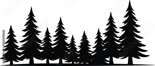 Pine tree forest silhouette illustration with tall evergreen woodland shapes, minimalist black nature landscape isolated on white background