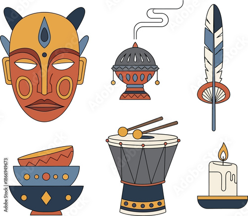 vibrant tribal ritual symbols set
