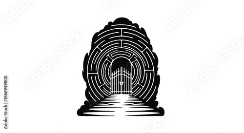 Mysterious maze entrance with glowing gate and path leading to discovery