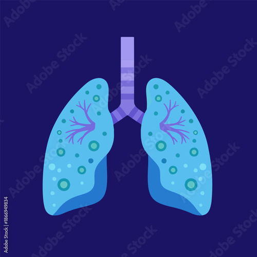 Illustration of healthy human lungs with blue and green coloring on a dark blue background
