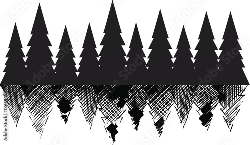 Pine tree forest silhouette with hand drawn crosshatch reflection, minimalist black evergreen woodland illustration isolated on white background