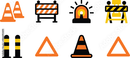 Road safety icon set, traffic cones, warning signs, construction barriers, bollards, hazard symbols, black vector graphics