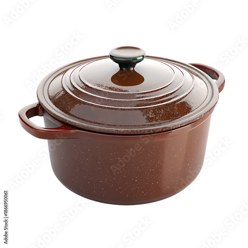Brown Speckled Ceramic Casserole Dish with Lid and Handles Isolated on White Background