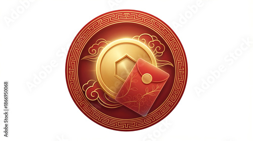 Golden coin and red envelope in traditional chinese design