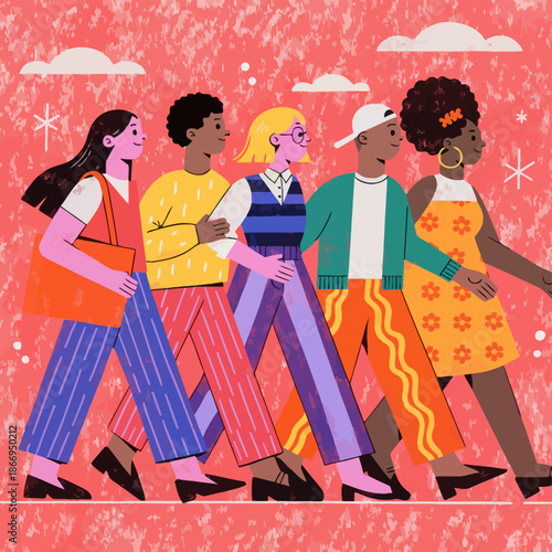 Diverse group of friends walking together in harmony outdoors