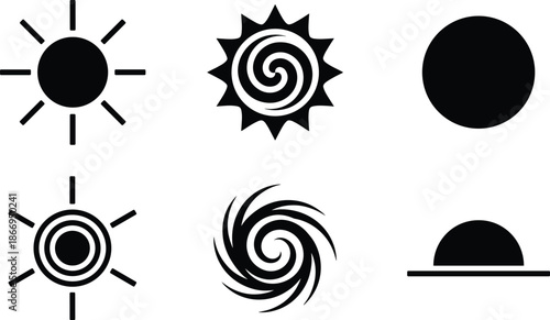 Sun and celestial body icon set, stylized solar symbols, spiral galaxy, sunrise, black vector graphics, nature, astronomy