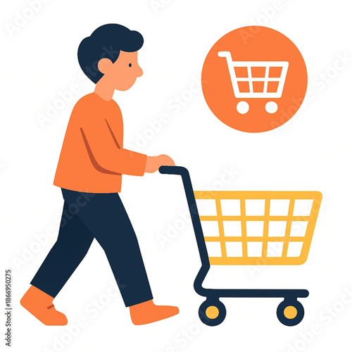 Tactile illustration of a person with a shopping cart of artisanal products, 'un-slick' authenticity, focus on micro-local food, vibrant clashing colors, 1970s energy