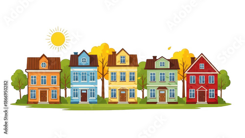 Colorful row of small houses with different architectural styles and vibrant colors in a charming neighborhood scene isolated on transparent background