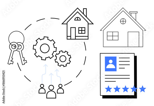 Keys, homes, gears, and a customer review icon representing real estate services, rental agreements, property ownership, workflow efficiency. Ideal for housing, customer feedback realty business