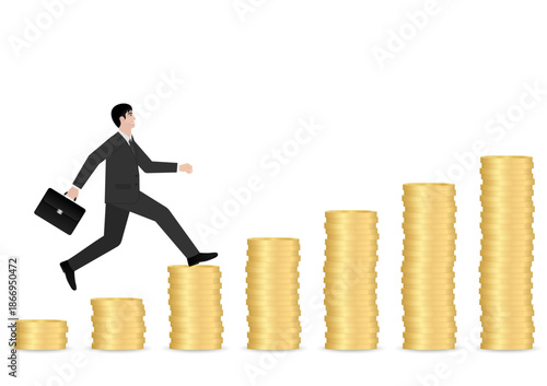 Businessman running on Coin Stack. Business Success or Goal Achievement Concept. Vector Illustration.