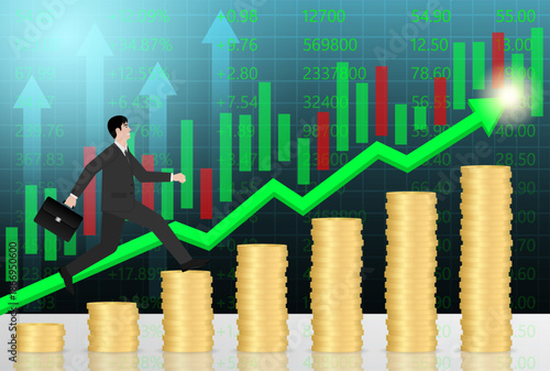 Businessman running on Coin Stack to reach peak of the Graph. Business Success or Goal Achievement Concept. Vector Illustration.