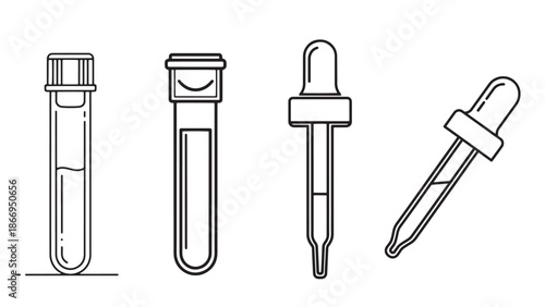 Professional laboratory diagnostic set with medical test tubes and liquid droppers for pharmaceutical research development and healthcare clinic sample analysis services.