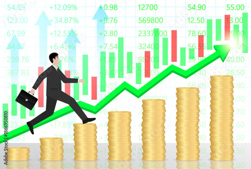 Businessman running on Coin Stack to reach peak of the Graph. Business Success or Goal Achievement Concept. Vector Illustration.