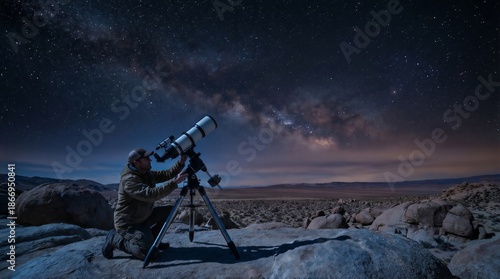 Astronomer adjusting telescope under starry desert night sky