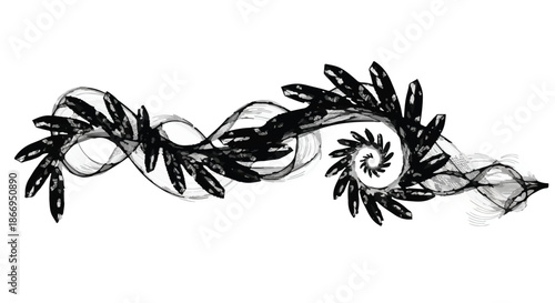 Elegant black abstract swirling vine with crystalline elements on white background