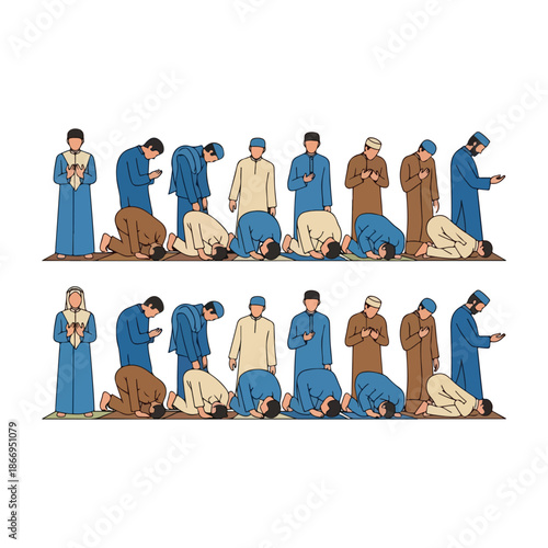 Animated sequence showing Muslims praying in rows, kneeling and prostrating, in a respectful collective moment