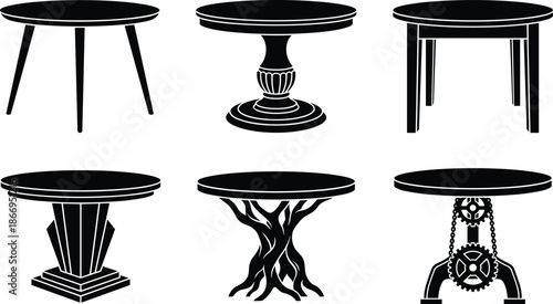Set of round table silhouettes featuring modern, classic, and industrial furniture designs for interior decor, branding, icons, and vector use