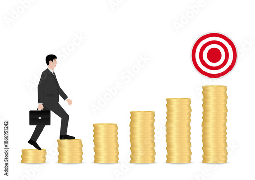 Businessman walking on Coin Stack to get Target. Business Success or Goal Achievement Concept. Vector Illustration.