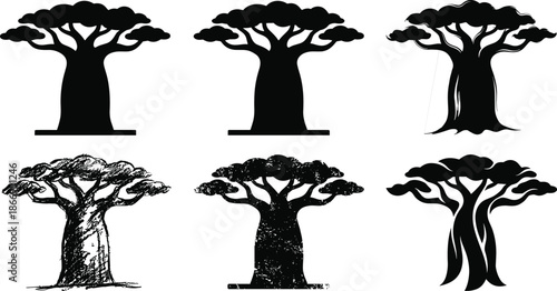 Set of six black baobab tree silhouettes in different artistic styles isolated on white background, nature illustration collection for design use