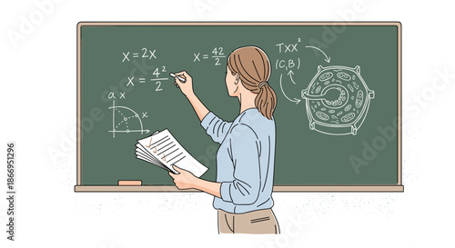 Female teacher writing math equations on chalkboard illustration