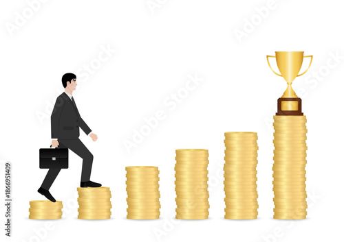 Businessman walking on Coin Stack to get Trophy. Business Success or Goal Achievement Concept. Vector Illustration.