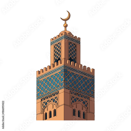 Elegant minaret tower with detailed geometric patterns, warm terracotta tones, turquoise tiles, crescent finial.