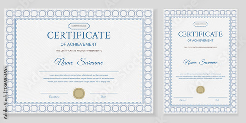 Professional certificate of achievement template set in landscape and portrait layouts. Elegant blue guilloche border with gold seal and editable text. Vector illustration for diploma or award.