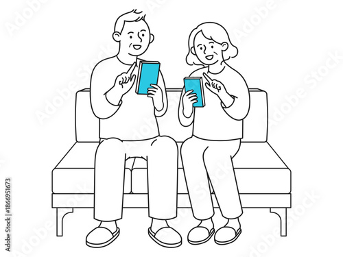 Modern line art artwork depicting a senior couple using a smartphone to feel secure and connected, ideal for digital services, finance, and trust focused brand communication