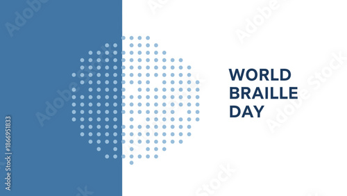 Graphic illustration for World Braille Day featuring a blue and white design with dots representing Braille.