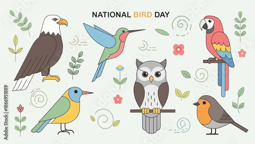 A collection of charming illustrations depicting various small birds perched on branches with delicate floral accents, celebrating National Bird Day.