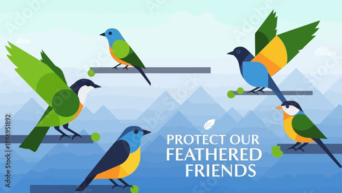 Illustration of colorful birds perched on branches with the text "Protect Our Feathered Friends" promoting wildlife conservation.