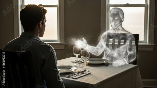 Man Dining with Holographic Companion.