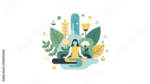A woman meditates peacefully surrounded by lush green plants, flowers, and abstract natural elements, symbolizing serenity and mindfulness.