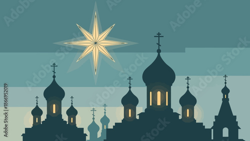 Silhouette of Orthodox churches with glowing windows under a radiant star in a twilight sky.