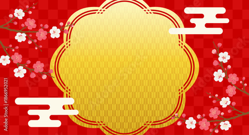 Japanese style gold background with red plum blossom and arrow feather pattern frame, luxury new year banner