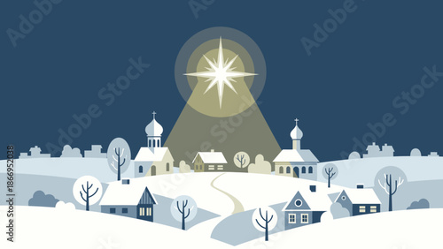 A serene winter village scene illuminated by a bright star in the night sky, symbolizing the Nativity.