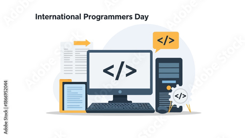 International Programmers Day celebrated with computers, code, and digital devices, symbolizing software development and technology.