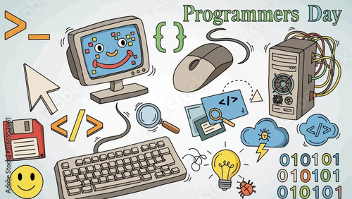 A colorful and whimsical illustration celebrating Programmer's Day with various computer-related icons and symbols.