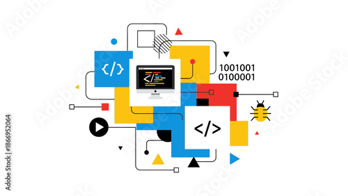 Abstract illustration of computer programming concepts, including code snippets, binary data, and a debugging bug icon.