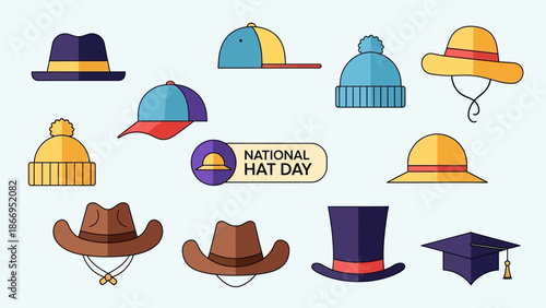 A vibrant collection of diverse hats, including fedoras, beanies, baseball caps, cowboy hats, and graduation caps, celebrating National Hat Day.
