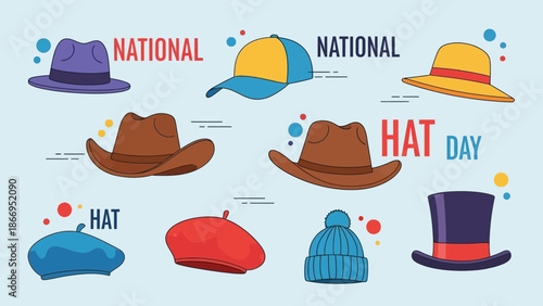 A vibrant collection of diverse hats displayed for National Hat Day, celebrating headwear in various styles and colors.