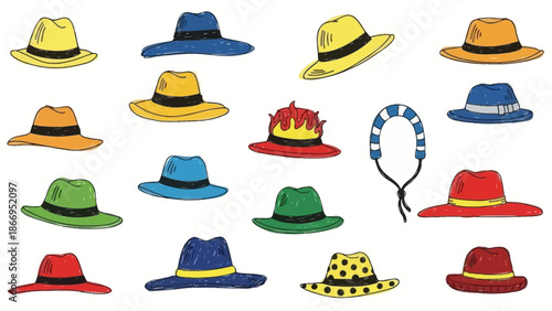 A vibrant collection of various hats, including fedoras, straw hats, and a unique jester hat, displayed against a white background.