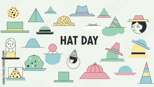 A whimsical collection of diverse hats and headwear displayed in a playful, colorful illustration celebrating "Hat Day.".