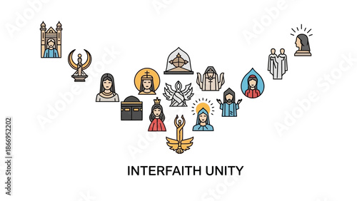 A diverse collection of religious symbols and figures arranged in a V-shape, representing interfaith unity and harmony among different belief systems.